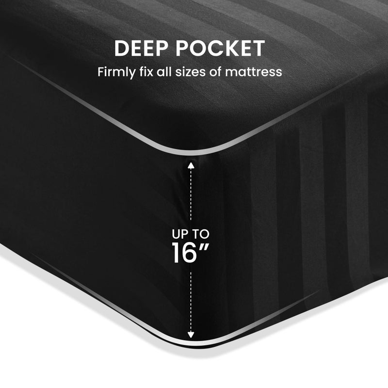 SLEEP ZONE Striped Cooling Sheets Set Full Size - Fitted Flat Sheet & Pillowcase Sets 4 Piece - Super Soft Stripe Bed Sheet, Easy Care, Deep Pocket (Black, Full) - Image 5